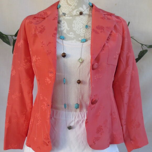 Vintage Jackets & Blazers - Vintage Jacket Coral Orange Fitted Dressy Asian Floral Brocade Blazer Size SP